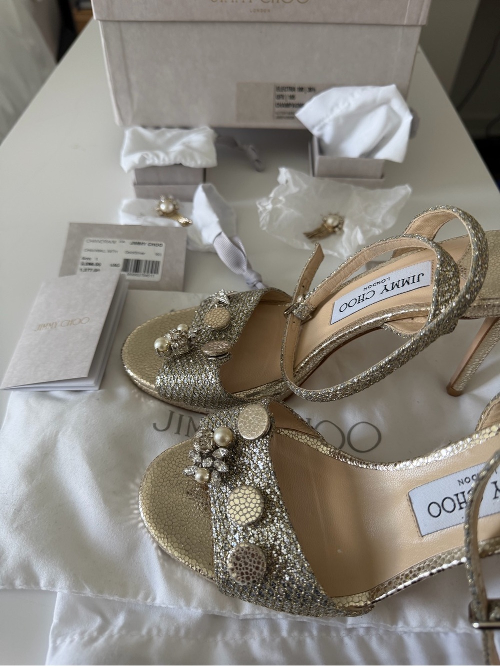 Jimmy Choo Gold Jeweled Ankle-Strap Sandals